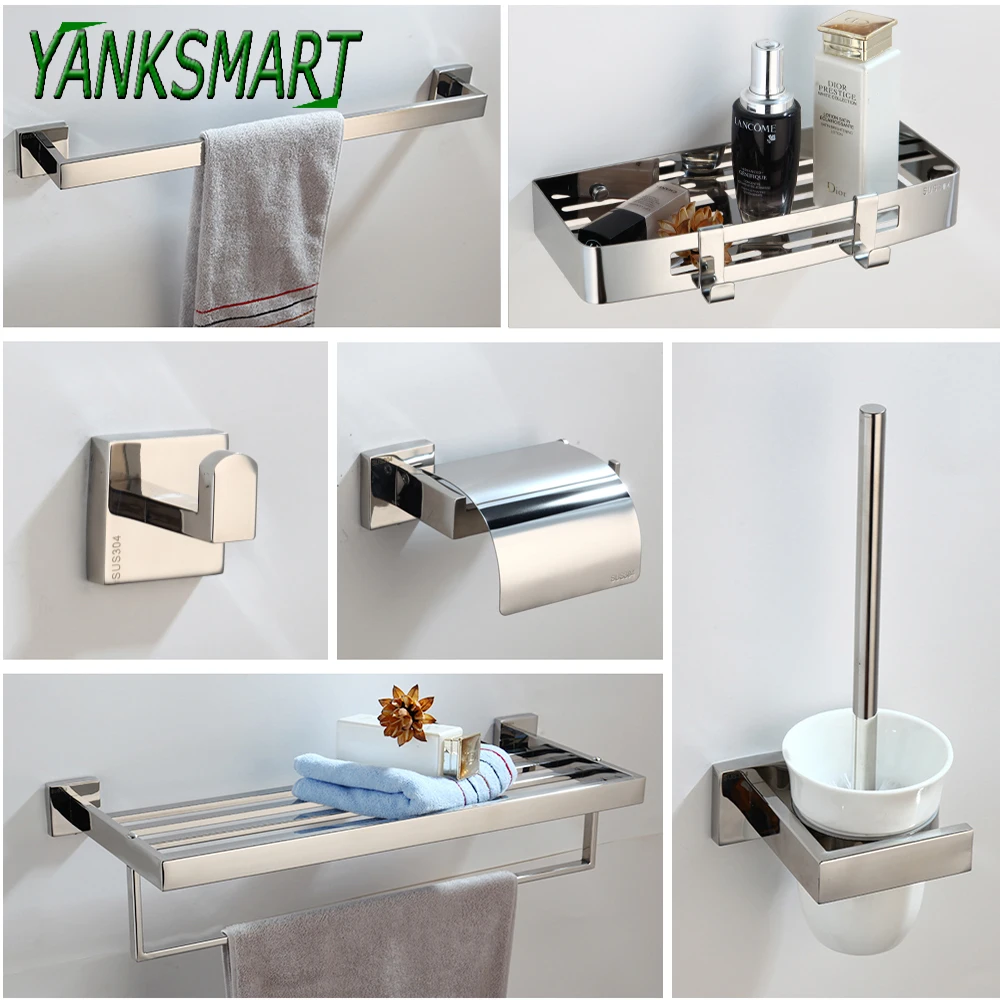 

YANKSMART хромированная матовая фурнитура для ванной комнаты, набор аксессуаров, 304 нержавеющая сталь, туалетная бумага, туалетная щетка, настенный комбо-комплект