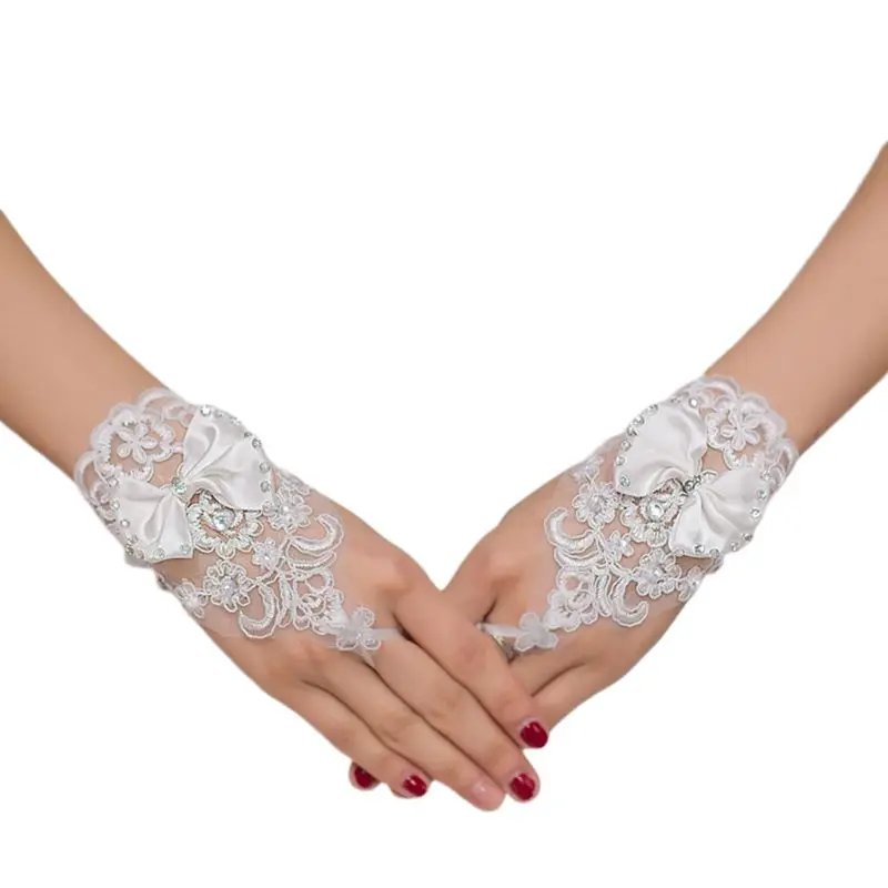 Вышивка кружева короткие перчатки атласный бант Стразы ленты Свадебные варежки