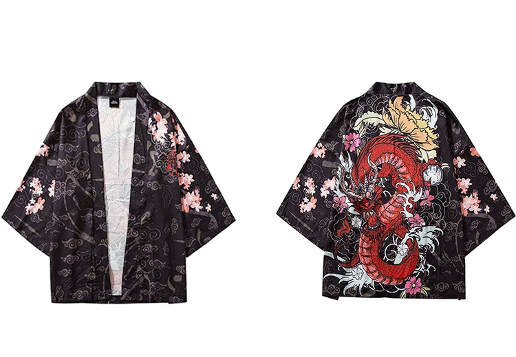 В стиле «хип-хоп» Для мужчин куртка в уличном стиле китайский Огненный Дракон принт Harajuku кимоно куртка японский летние шорты Тонкий платье Япония Стиль