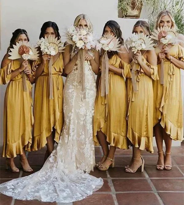 Желтое платье подружки невесты с рюшами, платье на тонких бретельках для гостей, свадебное платье для вечеринки, короткое спереди, длинное сзади, платья подружки невесты, vestido dama honor