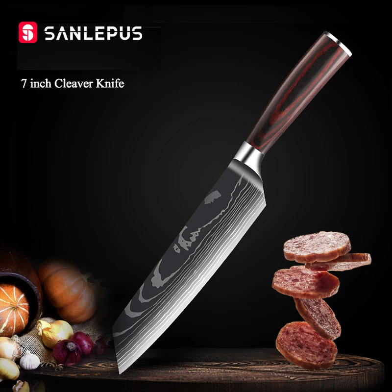 SANLEPUS Chef Knife 7-inch Kitchen Cleaver Knives Laser Damascus Pattern Sharp Japanese Santoku Slicing Utility | Дом и сад