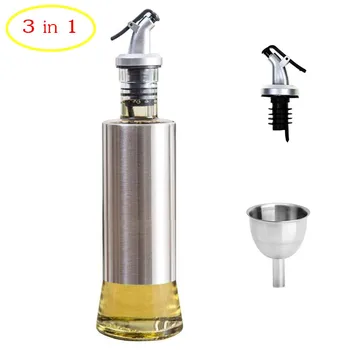 

3 in 1 Olive Oil Vinegar Bottle Stainless Steel Container Dispenser No-Drip Double Spouts Cruet Bottle With Funnel and Nozzle