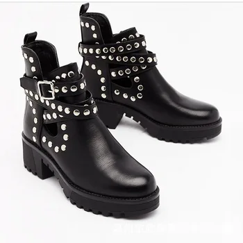 

platform thick heel hollow out cool 2019 Knight boots waterproof boots round head female rivet single boot large