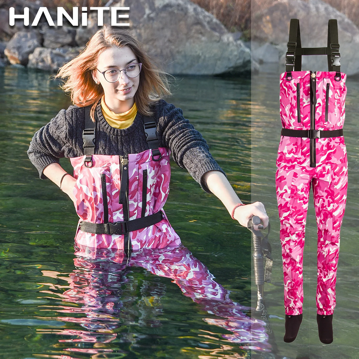 Rosa de Drenagem Rápida e Impermeável Wader com Fecho de Correr de Ventilação Útil em Tempo Nevado e de Inundação Hanite Camo Peito Frontal Chuvoso