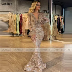 Sparkle Glitter Sequin Mermaid Evening Dresses 2021 V-Neck Feathers Beaded Long Sleeve Formal Party Prom Gowns Celebrity Dress