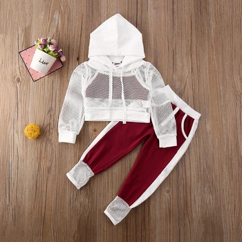 

Spring Summer Kids Girls Hooded Vest Tops Sweatpants Clothes Tracksuit Fishnet Casual Children Clothing