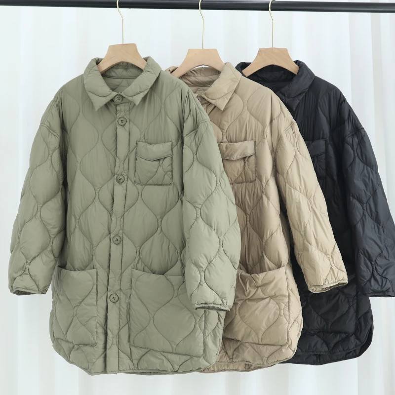 Casual Female Down coat Shirt Warm Autumn Winter Lightweight Single breasted Turn down collar Women Jacket 2023 New INKEO 1O259