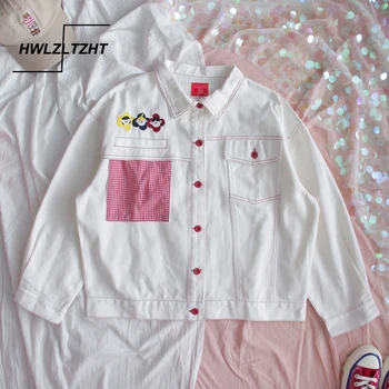 

HWLZLTZHT 2020 New Coat Female Cartoon Harajuku Women's Denim Jacket Patchwork Jeans Jacket Long Sleeve Vintage Women's Clothing