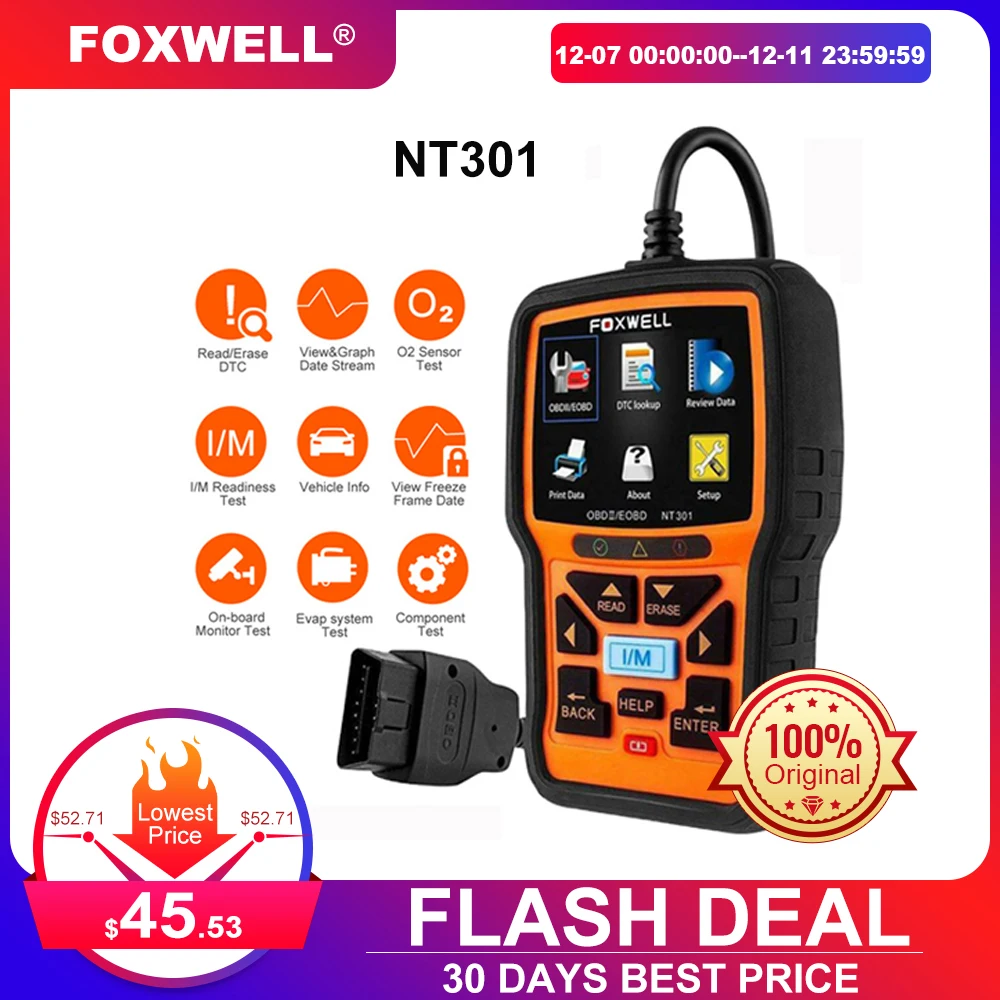 US $49.52 Foxwell Nt301 Obd2 Scanner Professional Read Clear Code Odb 2 Automotivo Scanner Auto Car Diagnostic Tool With Full Obd Function