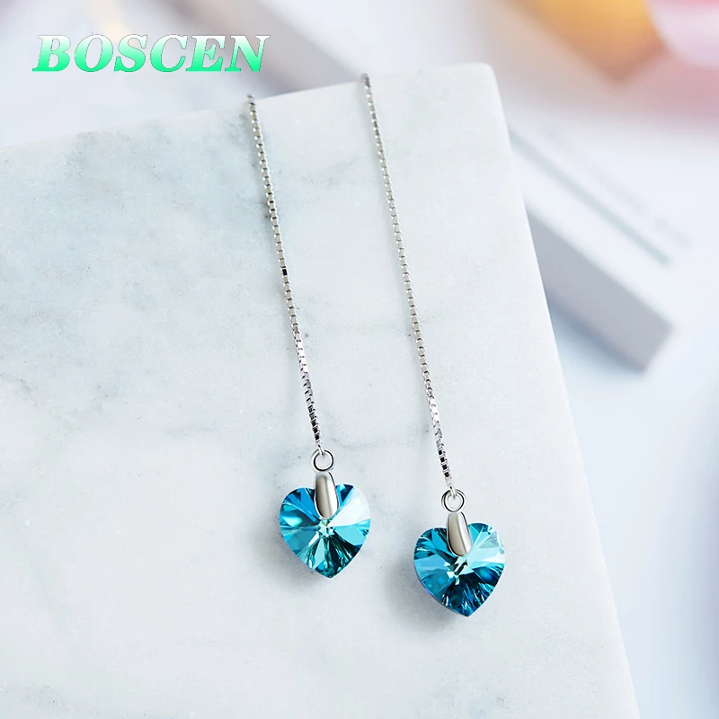 Серьги BOSCEN из стерлингового серебра 925 пробы для женщин, подарок на день рождения для девочек, украшенный кристаллами Swarovski Love Heart