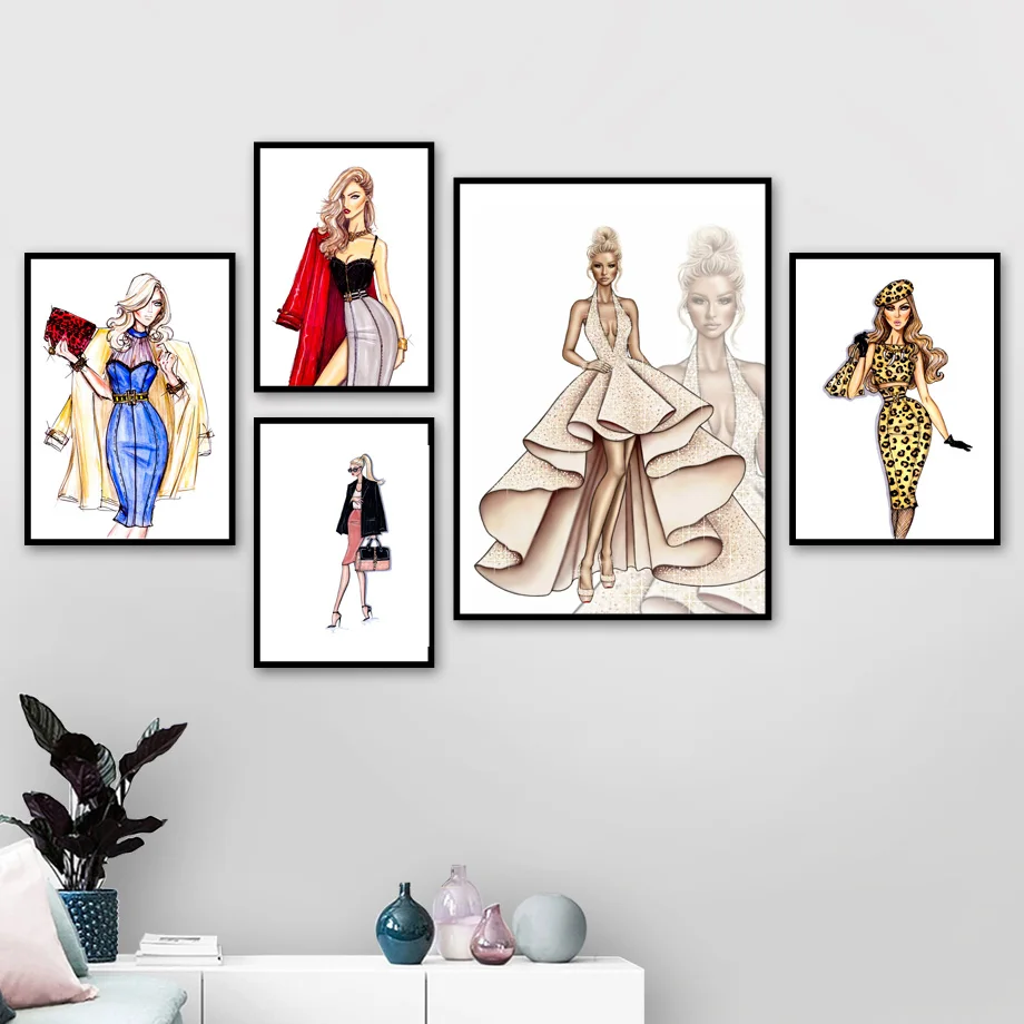 Модное платье для девочек в стиле Парижа, ручная сумка, Картина на холсте, плакаты на скандинавскую тему и принты, настенные картины для декора гостиной