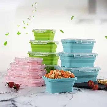 

1 pcs Silicone foldable food preparation container portable microwave lunch box leak-proof four sizes and colors available