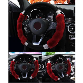 

1pc 37-38cm Car Steering Wheel Cover Imitation Rex Rabbit Fur Glitter Rhinestone Brand New Black+Red Car Steering Wheel Cover