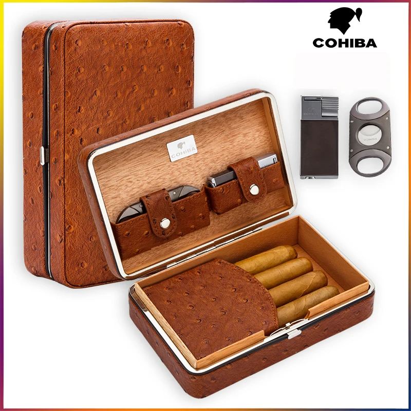 COHIBA кожаная сигарета Humidor 4 пальца Cerdar деревянная коробка для сигар с зажигалкой