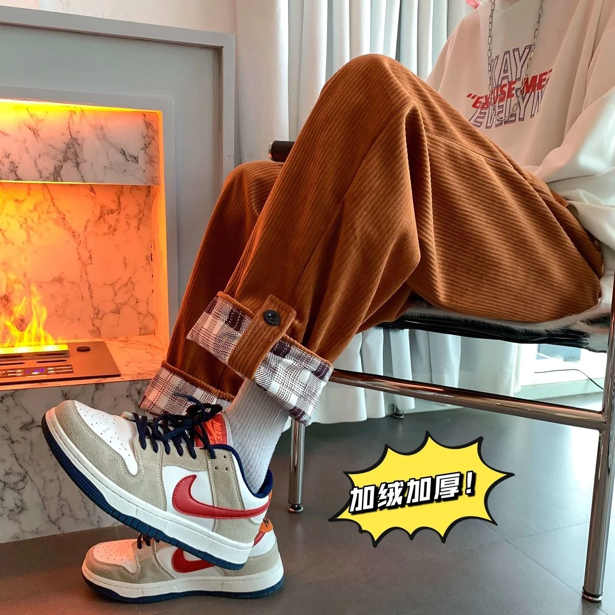 

2021 Winter Men's Lattice Printing Corduroy Fabric Trousers Thicken Plush Casual Pants Fashion Elastic Waist Joggers Sweatpants