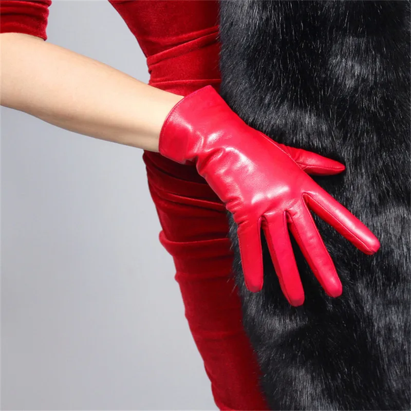 red touch Перчатки из натуральной кожи с сенсорным экраном 25 см короткие Стильные черные женские перчатки из козьей кожи с плюшевой подкладкой WZP07 - Цвет: red touch