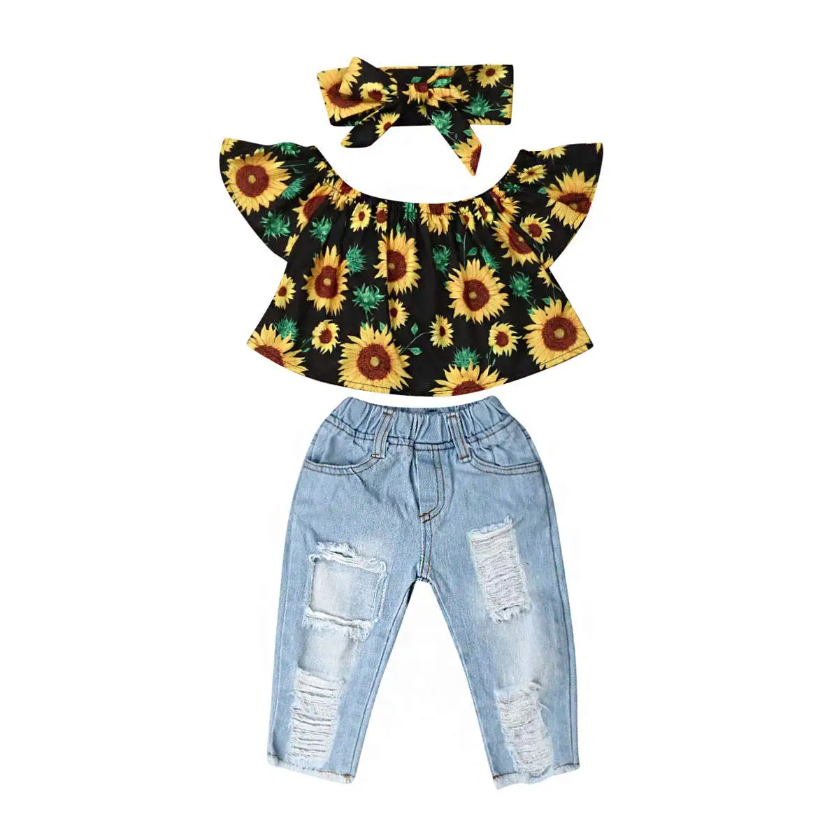 New 2020 Toddler Kid Baby Girl Off Shoulder Tops Denim Pants Jeans