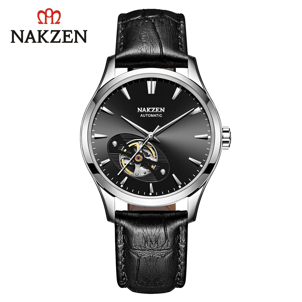 silver black black NAKZEN, мужские полые автоматические механические часы, Япония, Move, мужские роскошные часы, сапфир, натуральная кожа, наручные часы, Relogio Masculino - Цвет: silver black black