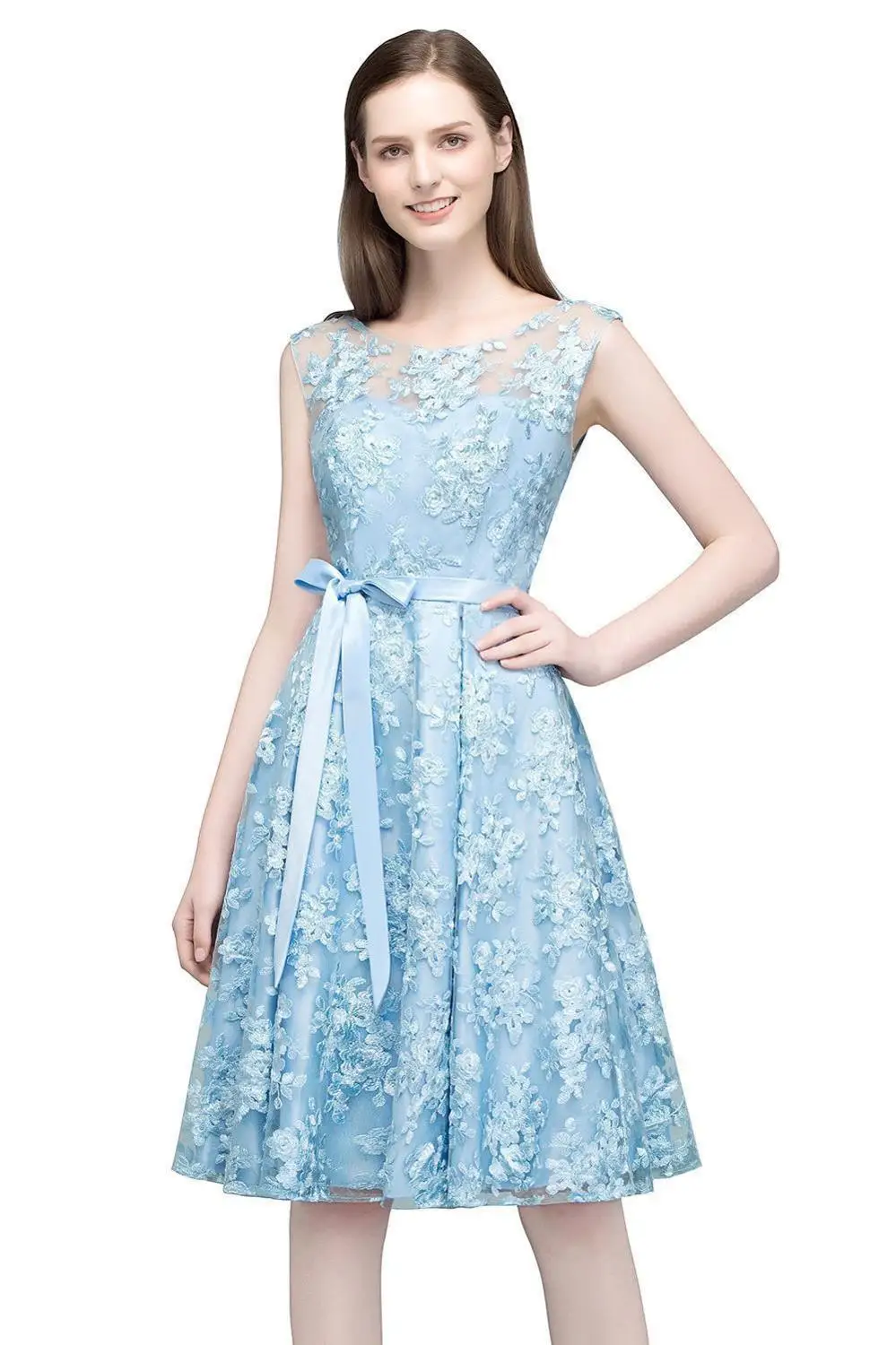 Sexy Illusion Lace Short Cocktail Dresses Sky Blue Backless Bowknot Party Dresses With Ribbon Sashes Robe De Cocktail