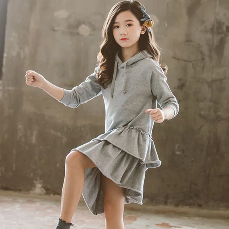 Buy Gray Hooded Hoodies Dresses For Teenage Girls Asymmetrical Ruffles Toddler Dress Baby Kids Autumn 2019 Children Clothing 6 8 10Y