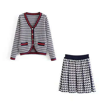

Vintage Stylish Women Triangle Print Knitted Set Fashion Pockets Single Breasted Cardigans Chic Pleated Mini Skirt Casual Sets