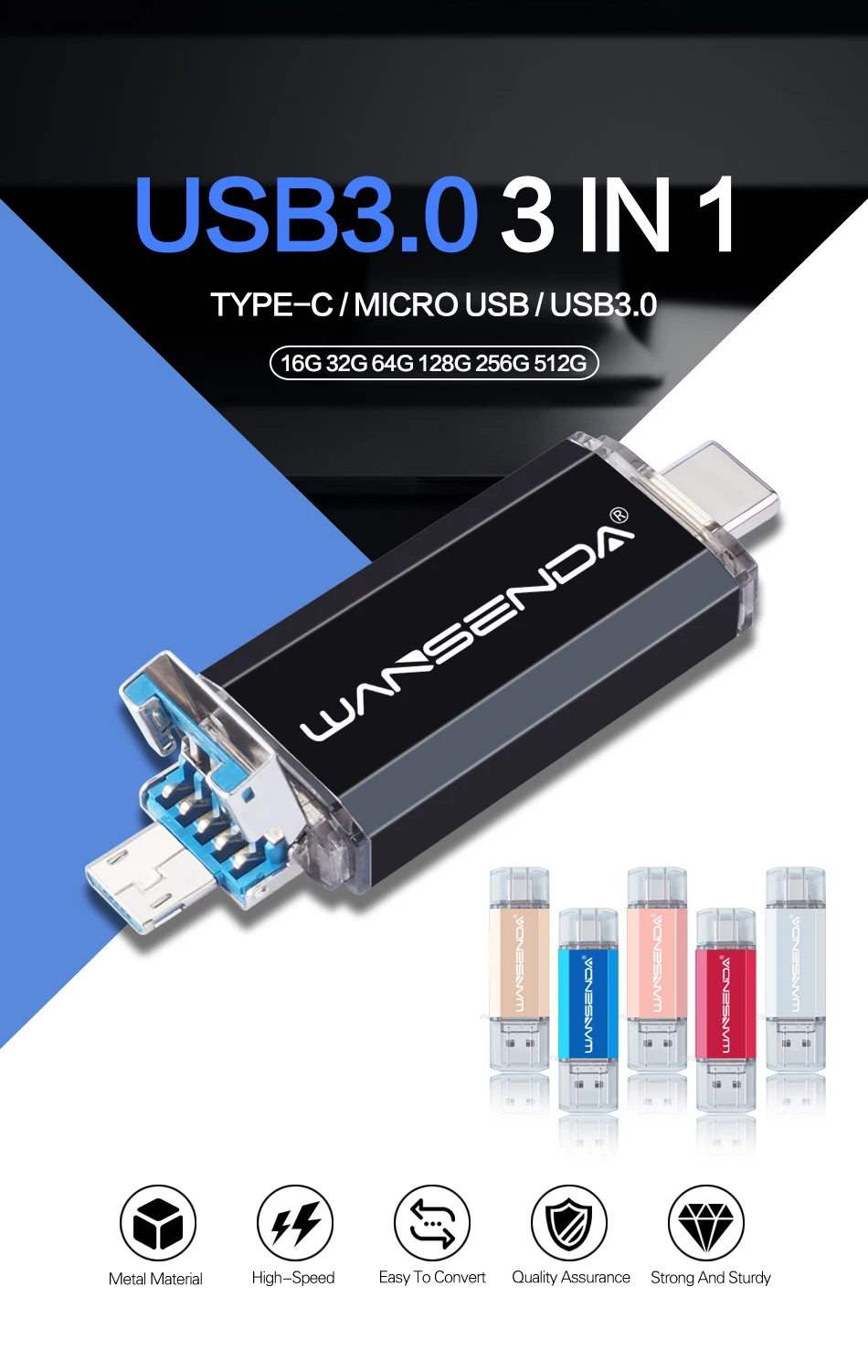 WANSENDA высокоскоростной USB флеш-накопитель OTG 3 в 1 USB3.0& type-C& Micro USB флеш-накопитель 32 Гб 64 Гб 128 ГБ 256 ГБ 512 ГБ Флешка U диск