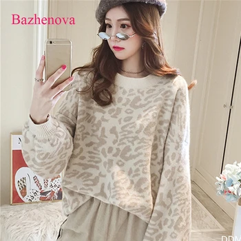 

Bazhenova Women Leopard Sweaters Girls Winter Warme Sweet Loose Leopard Lantern Sleeve Tops Woman Elegant Pullovers Sweater R255