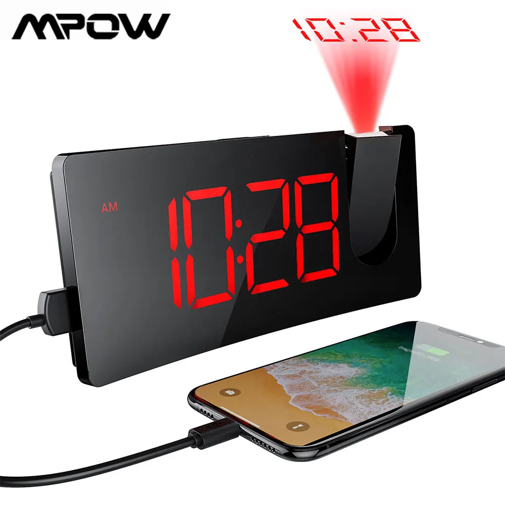 

Mpow Multifunctional LED Projection Clock 5-inch Curved-Screen 3 Levels Display Brightness USB Charging Port Digital Alarm Clock