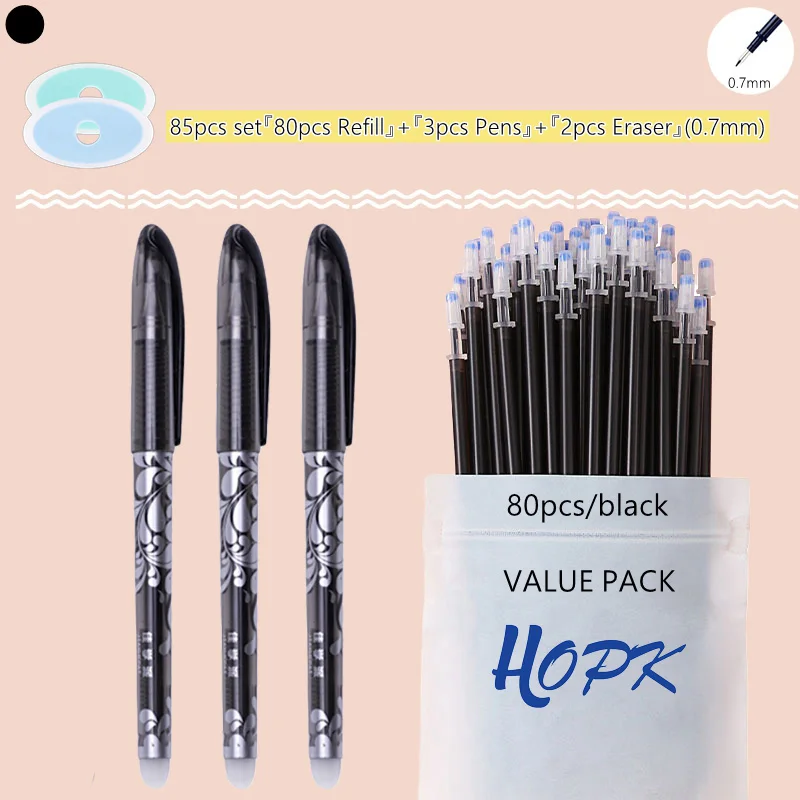85Pcs/Set Blue Black Ink Gel Pen 0.5mm Erasable Refill Rod Erasable Pen Washable Handle School Writing Kawaii Stationery Gel Pen