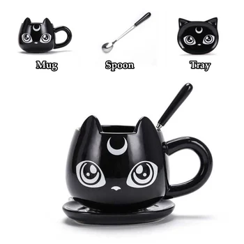 

2020 New Upgraded Black Cat Ceramics Mugs Kids Breakfast Milk Cartoon Cups Office Afternoon Tea Coffee Mug With Tray