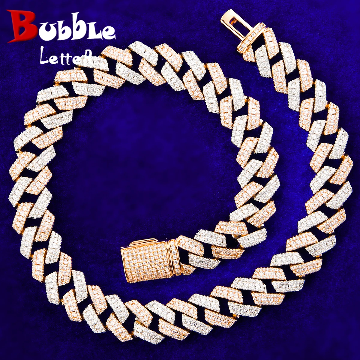 

Bubble Letter Iced Out Cuban Link Chain Baguette Charms Men Necklace Real Gold Plated Hip Hop Jewelry