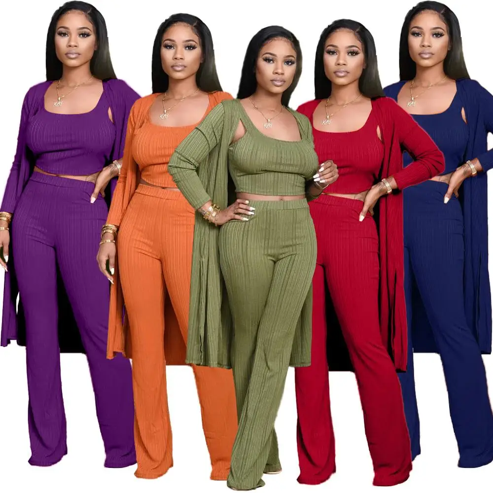 

RT Women Outfit Ribbed Three Pieces Set Cloak Tank Top Long Pants Ribs 3 Pieces Set Casual Raised Lines Pattern Outdoor Wear