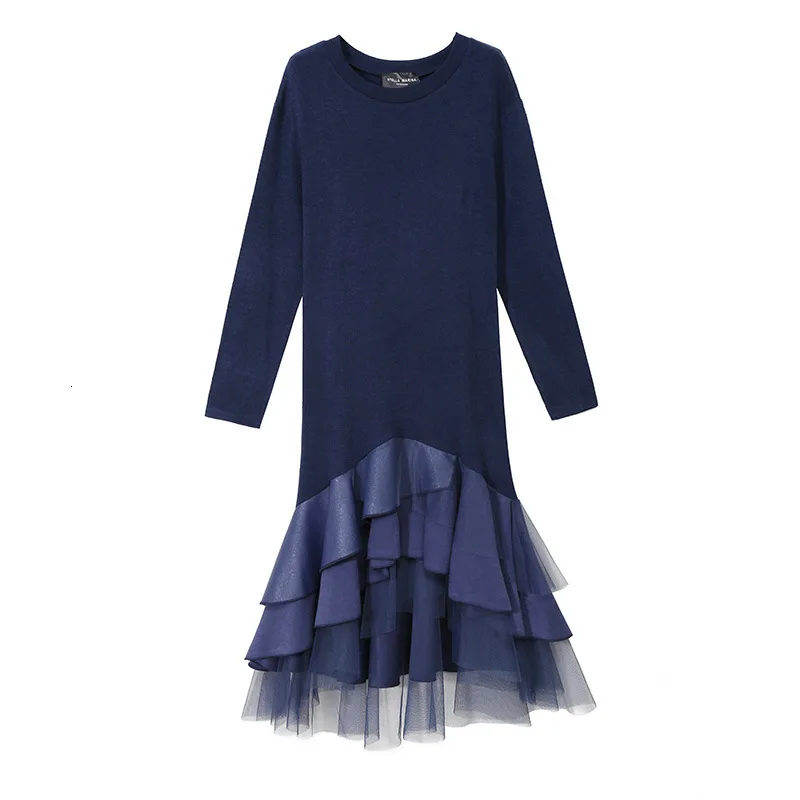 [EAM] женское синее асимметричное длинное платье в клетку, новинка, круглый вырез, длинный рукав, свободный крой, Мода весна-осень 19A-a386 - Цвет: blue