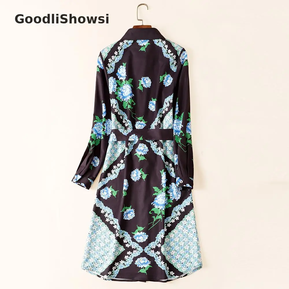 GoodliShowsi Новое поступление модное женское платье с цветочным рисунком отложной воротник с длинным рукавом однобортное платье-рубашка с поясом