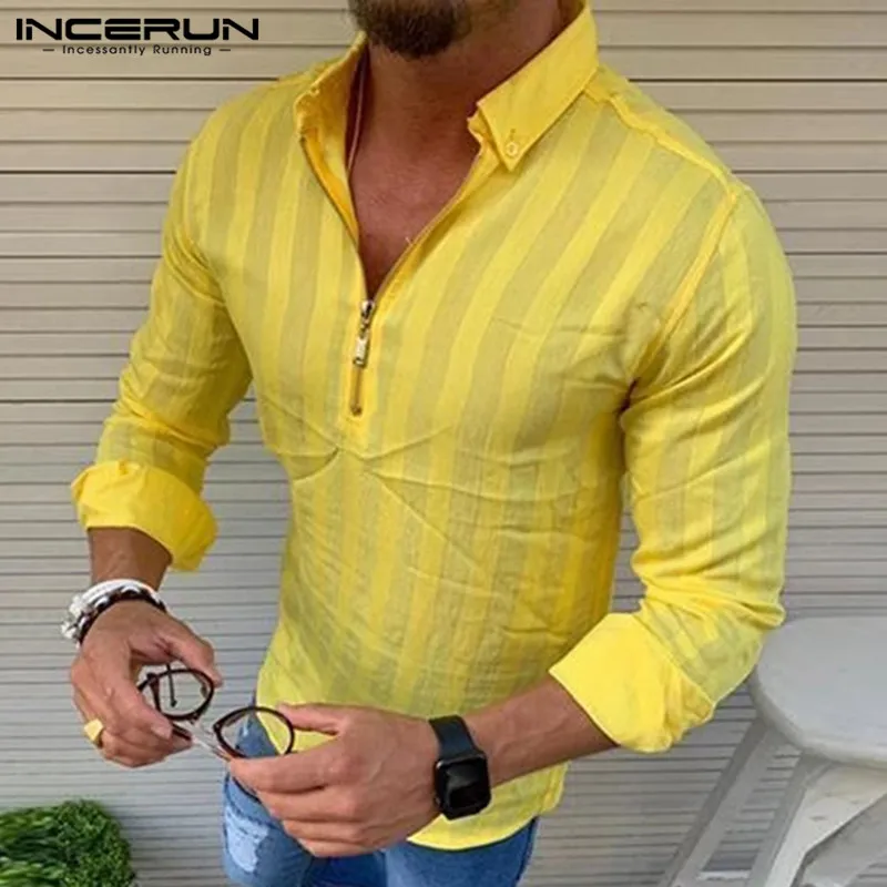  INCERUN Men Striped Shirt Long Sleeve Turn-down Collar Zippers Fitness Blouse Fashion Street Style 