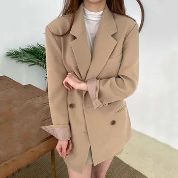 

2020 Elegant Women Double Breasted Solid Suit Coats Autumn Winter Loose Work Wear Long Sleeve Female Blazer Jackets