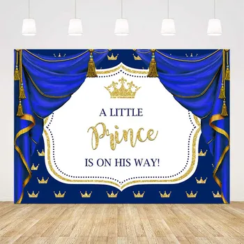 

Baby shower blue curtrait backdrop gold glitter crown background for photo studio Baptême little prince baby shower party decor