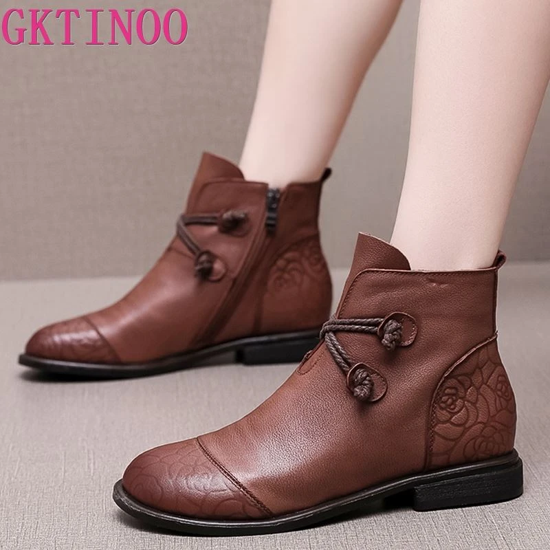 GKTINOO Botines planos de piel auténtica para mujer, Botas cálidas con cremallera lateral, suaves y cómodas, e Invierno|Botas hasta el tobillo| - AliExpress