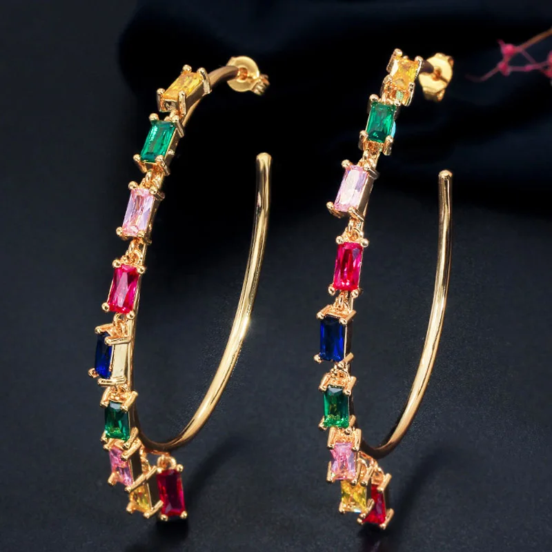 Gold BeaQueen Mixed Square Cubic Zirconia Stones Drop Colorful Charms Large Cricle Hoop Earrings Boho Rainbow Jewelry for Women E330 - Metal Color: Gold