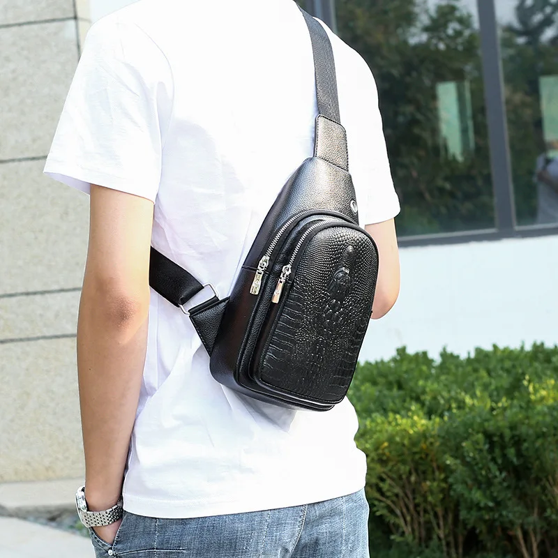 

Crocodile Pattern Chest Pack Men's Korean-style Soft Leather Men Casual Shoulder Bag MEN'S Messenger Bag Small Backpack