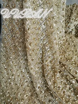 

Gold beads glued glitter lace fabric shiny African lace fabric with sequins for women party dress