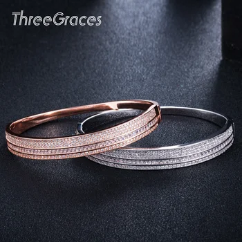 

Threegraces Gorgeous Sparkling Micro Pave CZ Rose Gold Big Round Circle Cuff Bangles Luxury Jewelry for Women Accessories BA042