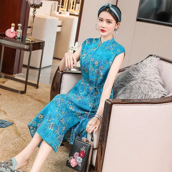 

Summer new loose loose slim fashion printing small stand collar slit retro style dress chinese women dress