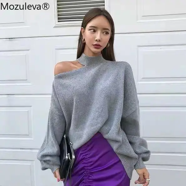 Mozuleva Elegant Winter Turtleneck Cold-shoulder Twist Women Pullover Sweater Casual Loose Female Knitted Jumpers Knit Tops | Женская
