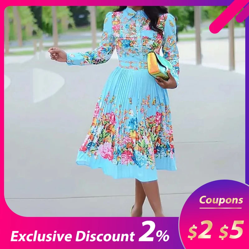 

Autumn Women Pleated Floral Print Dress 2019 Elegant Female Lady Plus Size African Dinner Robe Vestiods