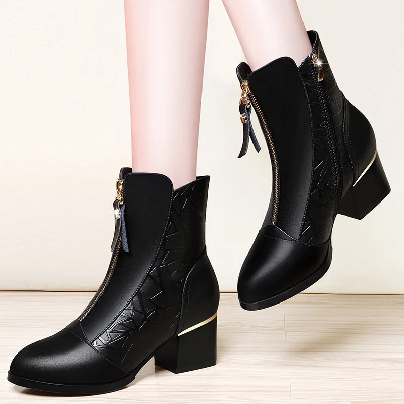 

Lycra Kington 6396 Pointed-Toe Square Heel Boots Front Zipper Solid Color Middle Boots Waterproof Platform WOMEN'S Shoes