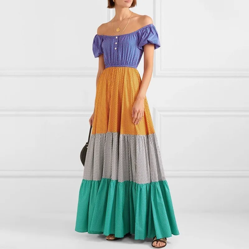 

Polka Dot Off Shoulder Women Dress Slash Neck Puff Sleeve High Waist Hit Color Maxi Dresses Female Fashion Summer