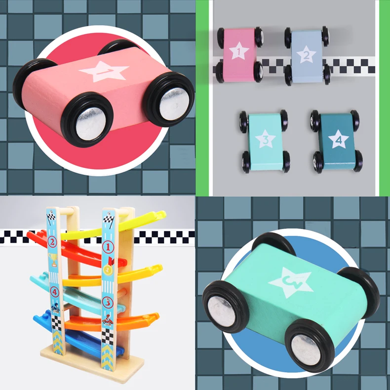Wooden 4, 6 and 8 layer slope track and 8 mini inertia car gliding toys baby walker sports skills development children's gifts