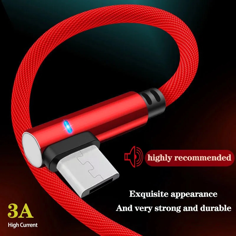 

90 Degree Micro USB Cable 3A Fast Charger USB Cord elbow Nylon Data Cable for Samsung Sony Xiaomi Android Phone Line Power Bank