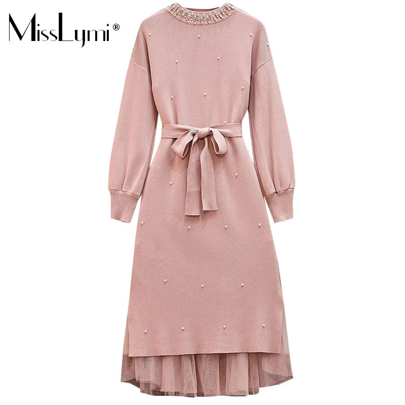 MissLymi Plus плюс размер женские платья с бисером Мода свитер вязаное платье с длинным рукавом два костюма женский зимний - Цвет: pink